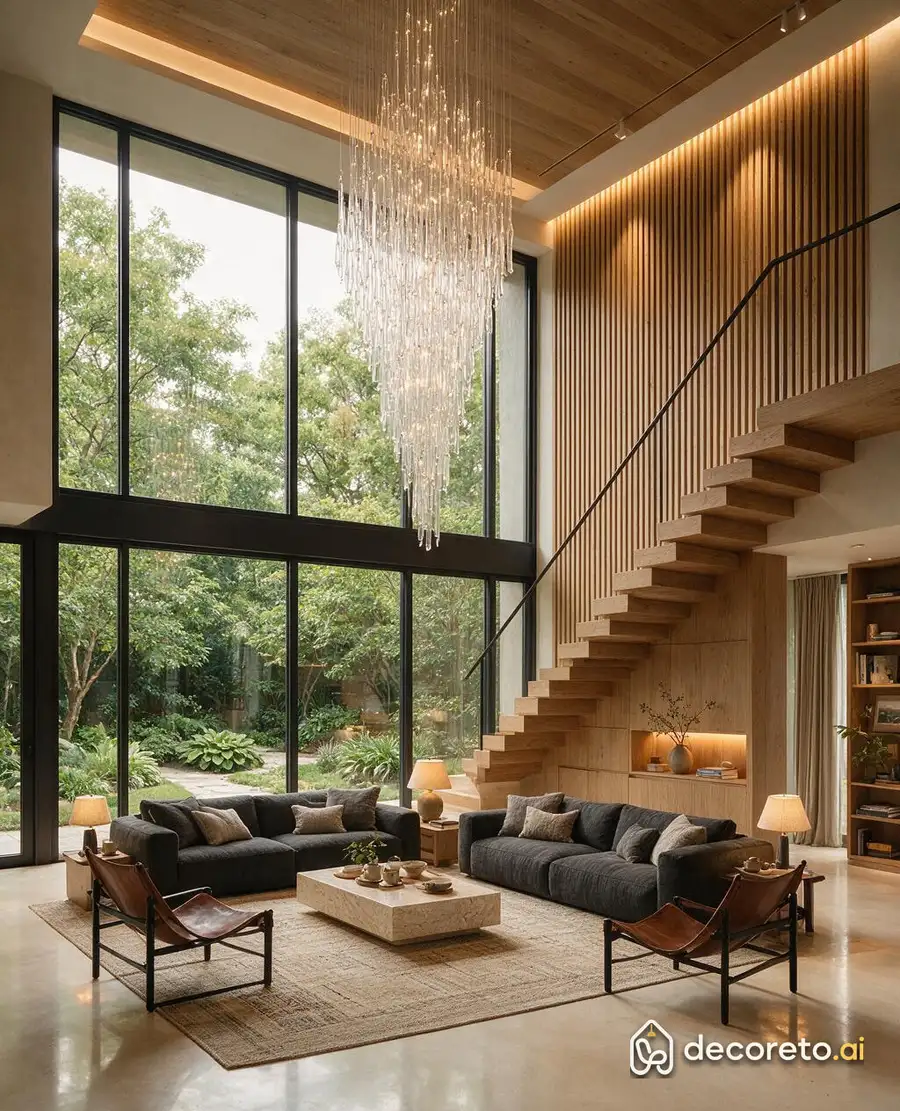 Living room · Double-height glass, sculptural stair — 2