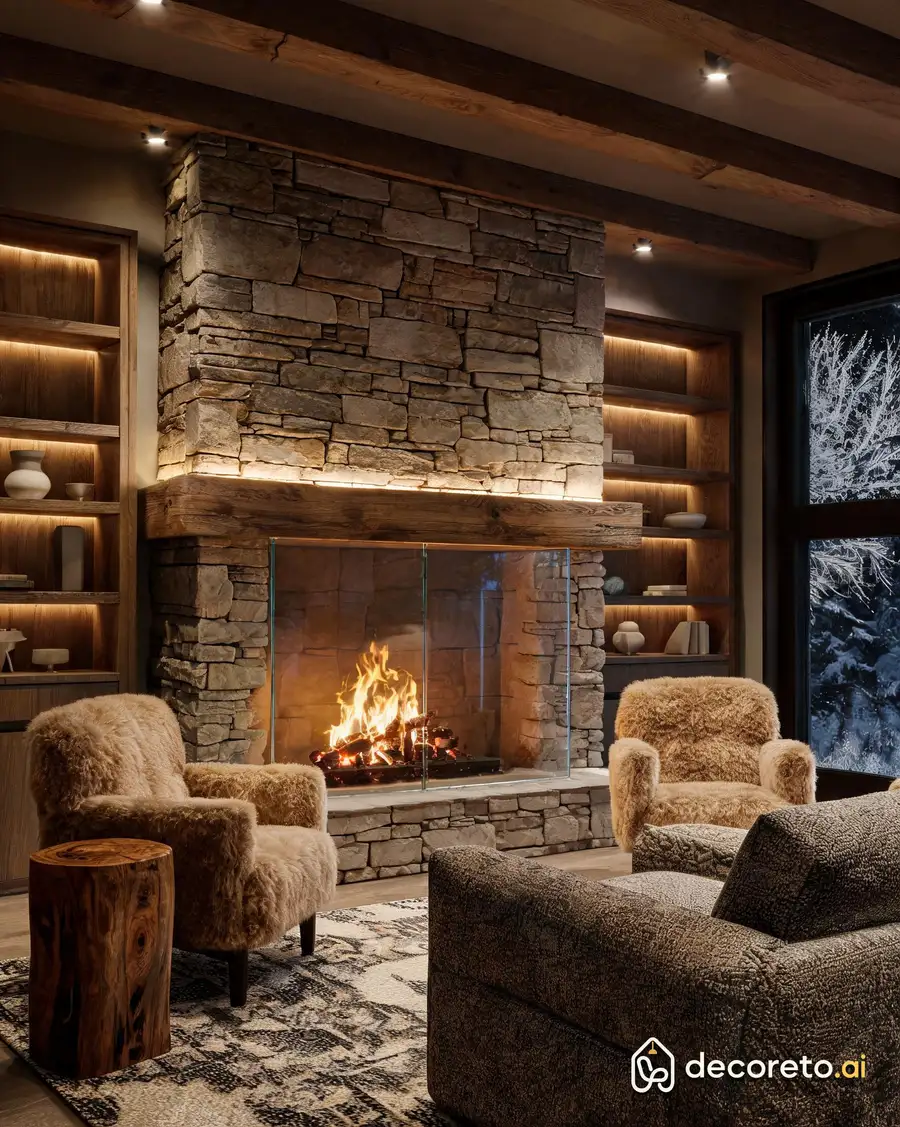 fireplace clad in stone from floor to ceiling with a wooden beam as mantel. in winter the whole house gathers here