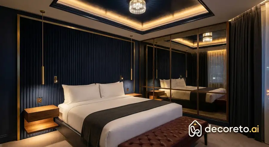 wall behind the bed in channeled navy velvet, framed ceiling and smoked mirror on the opposite wall. the room gains depth at night