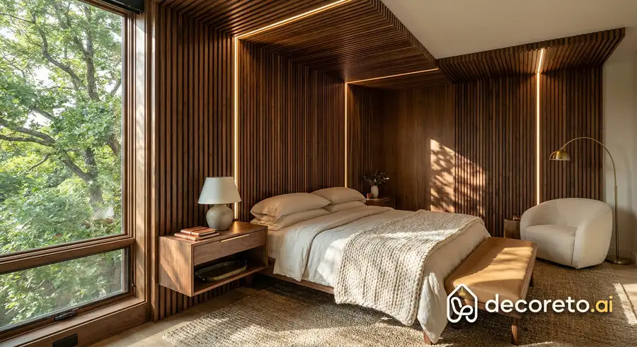 walnut rail wall behind the bed with linear lights in the grooves, and a large window facing the tree crown