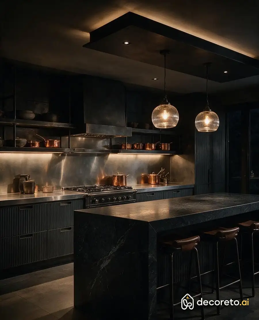 grooved graffiti cabinets, brushed steel counter and open shelves with hidden lights. amazing at night
