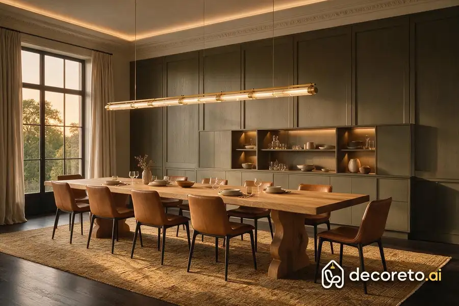 ten-person table from a single wood trunk, linear glass chandelier exactly as long as the table, and framed wall with hidden lights