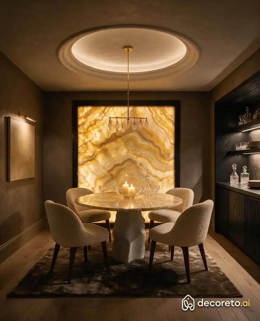 marble round table and backlit onyx wall; when dinner starts, we dim the lights and the wall remains