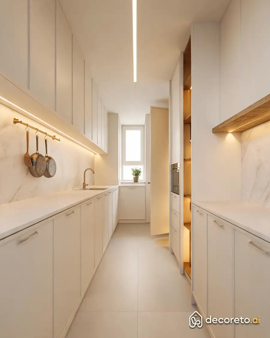 six meters, but everything is built-in: hidden appliances, under-cabinet lighting, and illuminated shelving to the ceiling