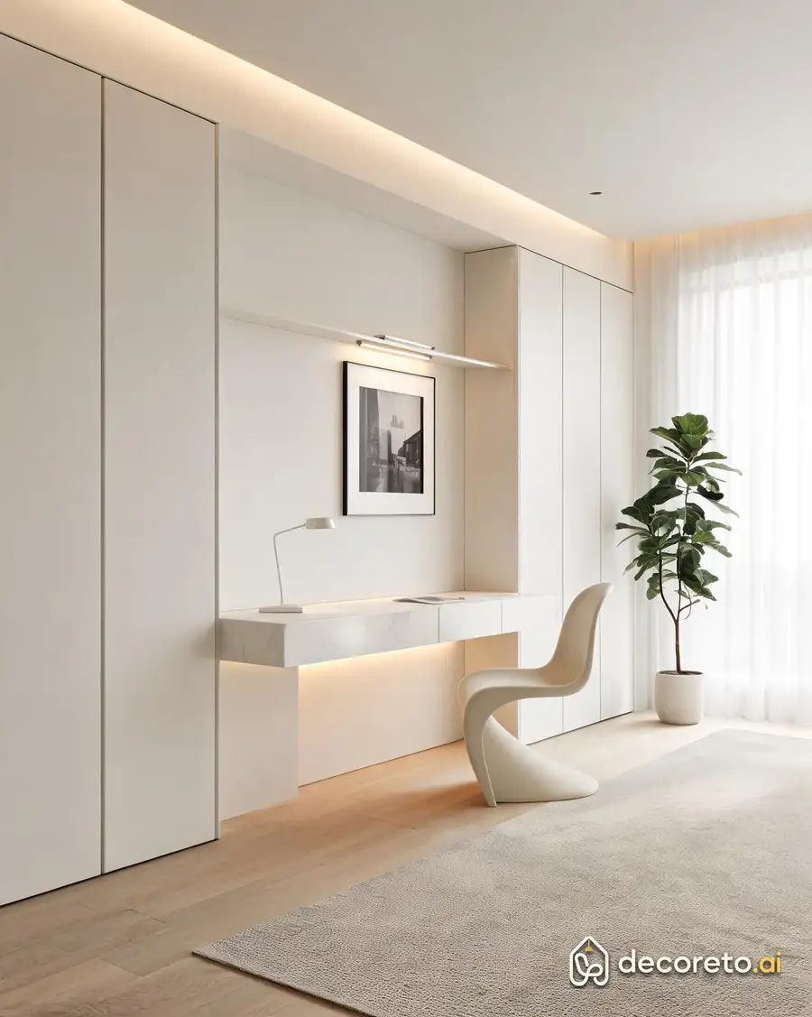 Home office · Minimal white study, concealed storage — 2