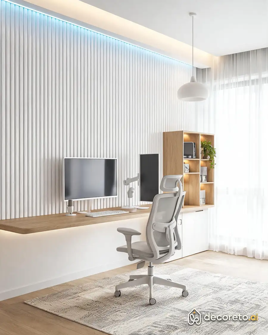 gaming but bright and clean: light wood, matte white and just one line of colored light. can work here during the day