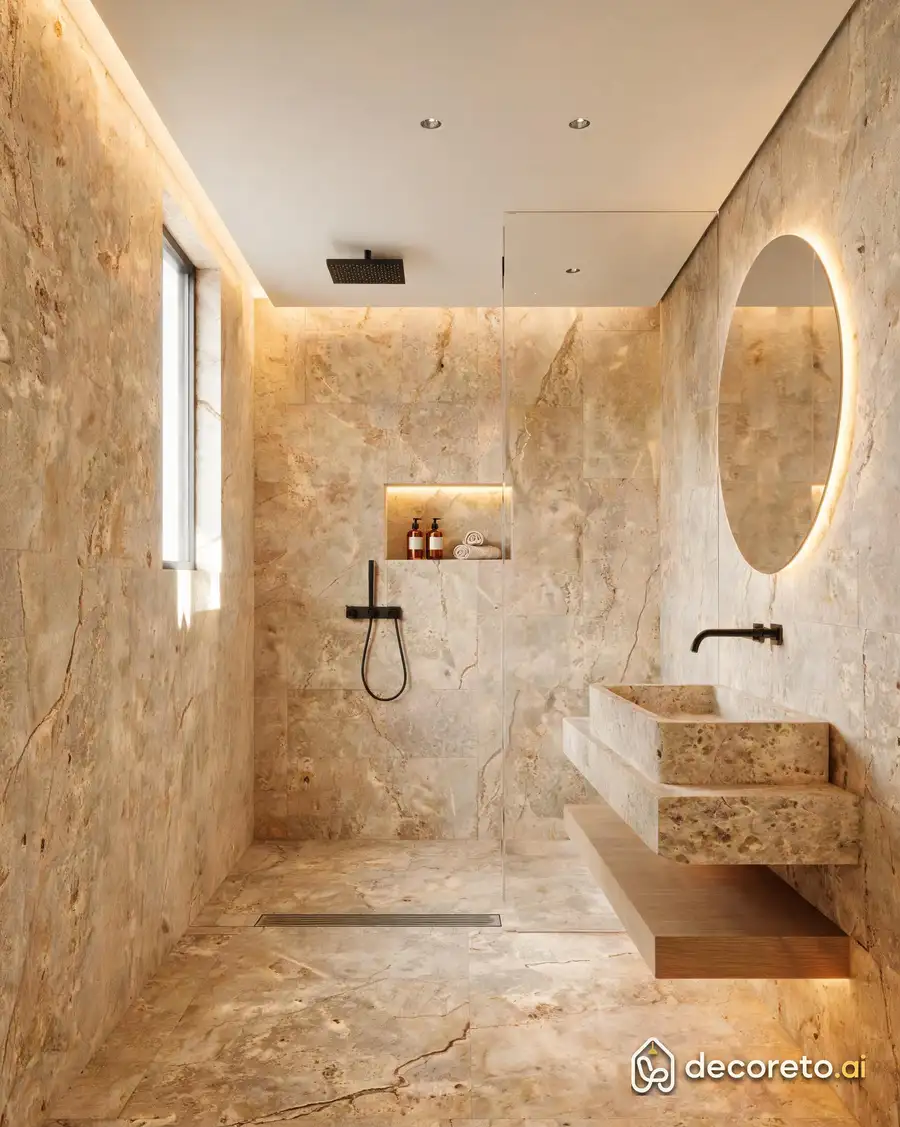 floor, walls and sink are all one stone; the shower niche has hidden lighting and the mirror is backlit