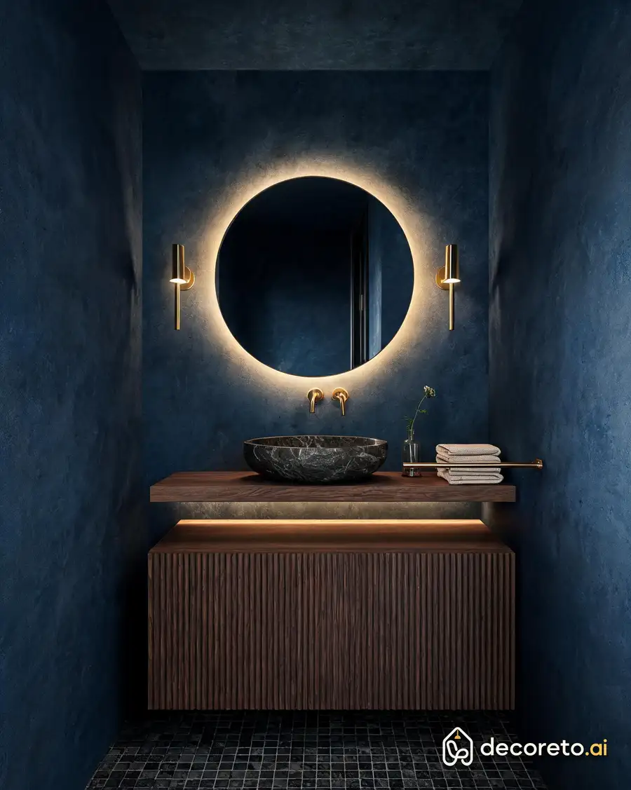 we deliberately darkened the guest bathroom: indigo microcement on the walls and ceiling, carved stone sink and backlit mirror