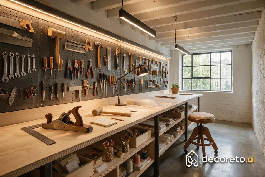half office, half workshop: plywood desk on metal trestles, tool wall and industrial linear lighting