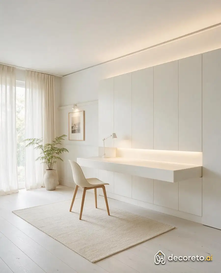everything is hidden behind handleless doors; just a floating desk, a chair and a frame. it's intentional