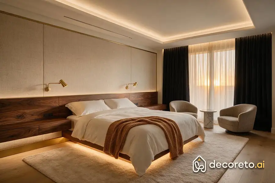 integrated console runs from one bedside table to the other behind the bed; reading lights are wall-mounted, not on the table