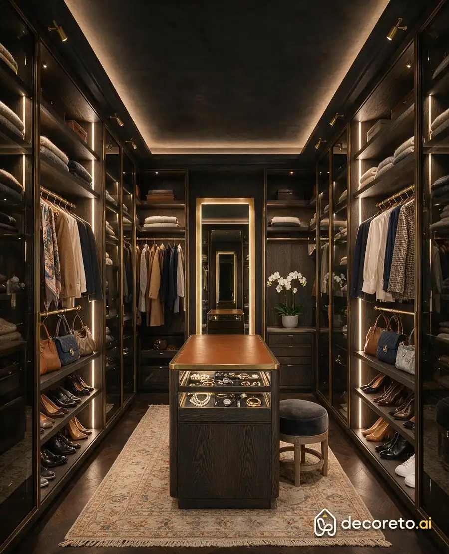 dressing room with smoked glass doors and lighting inside each shelf, leather island in the center and full-length illuminated mirror