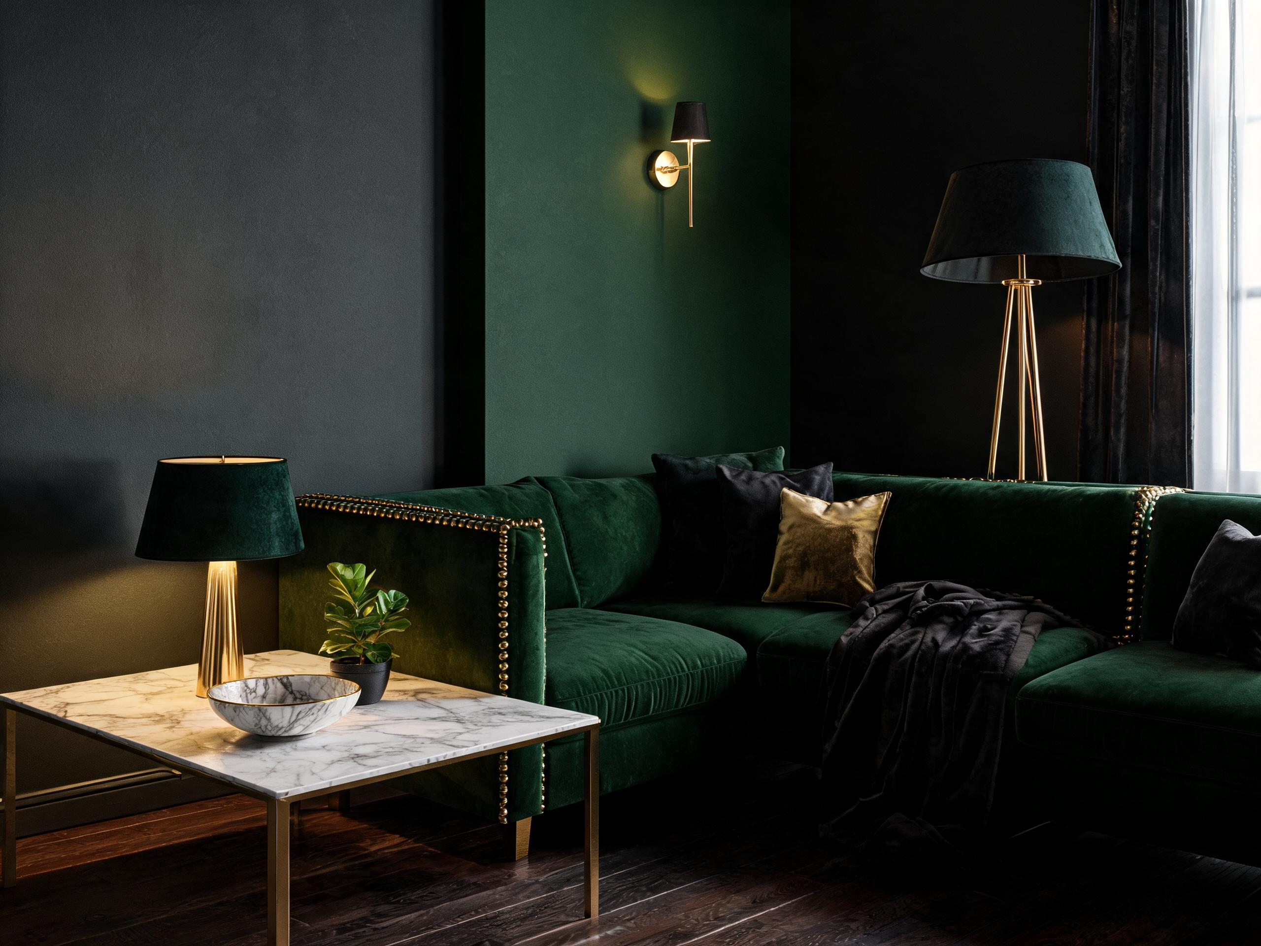 32-square-meter living room with charcoal and gold palette — what do you think?