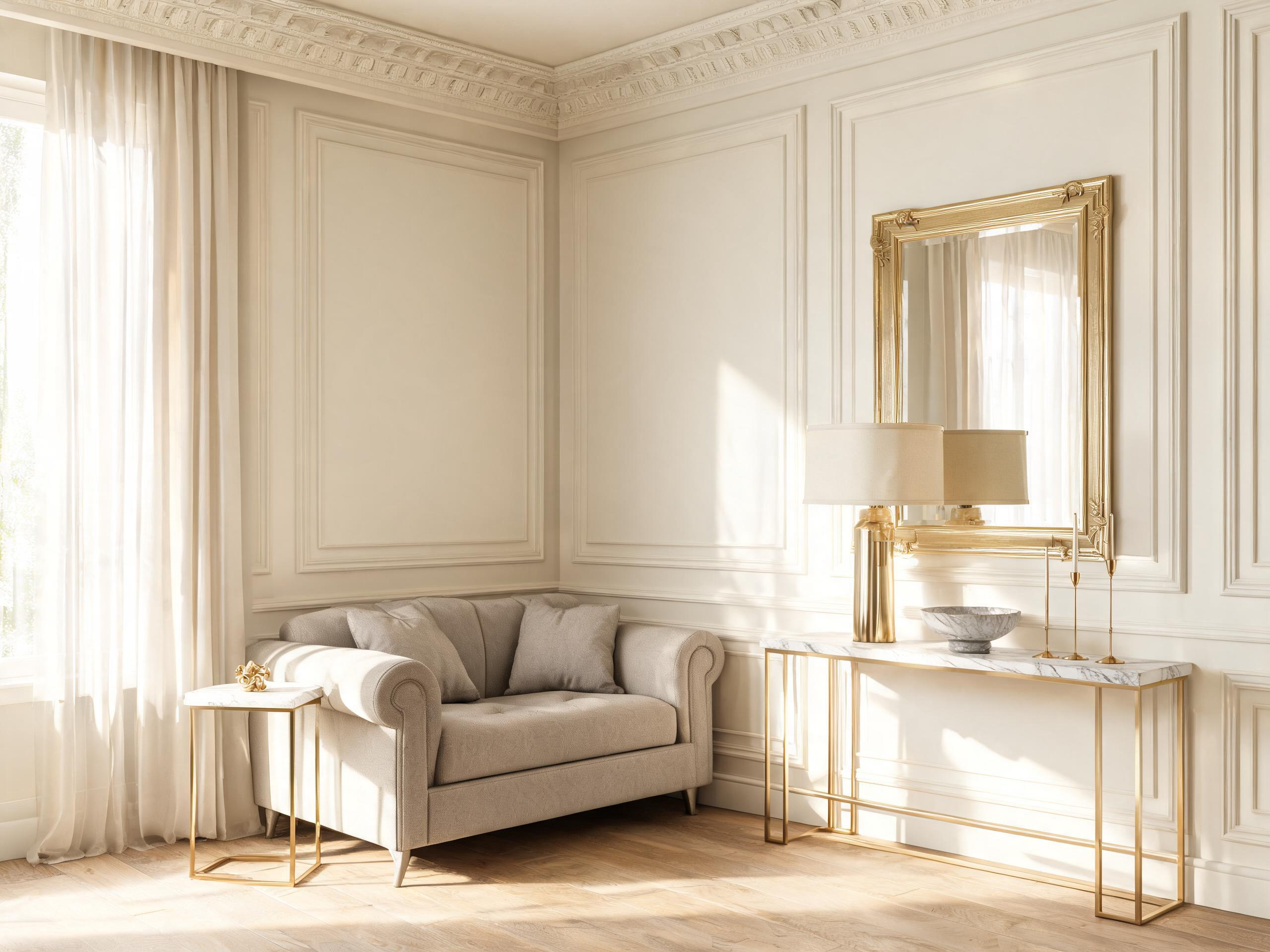 wall framing and matte gold; the feel of a boutique hotel