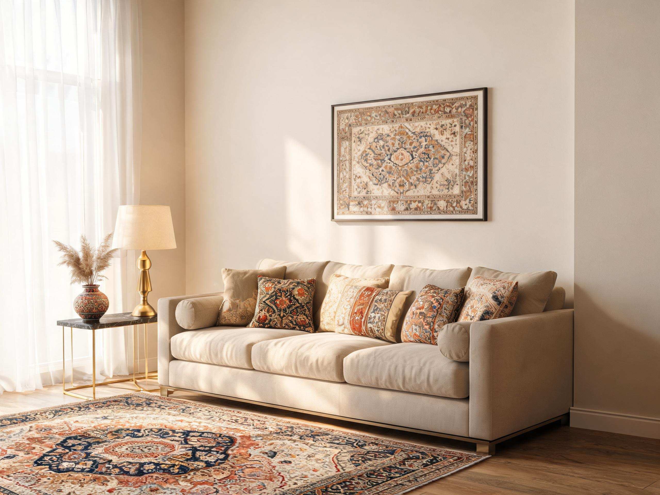 handwoven rug next to modern sofa — my favorite combo